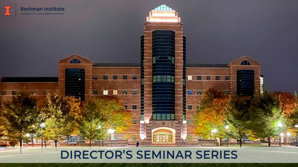 Night photo of Beckman Institute from North Quad