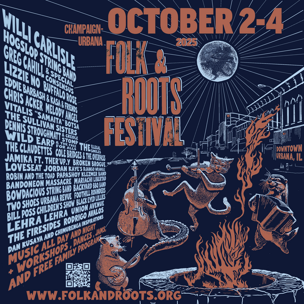 CU Folks & Roots poster featuring the festival dates (October 2-4), various animals playing instruments around a bonfire, and list of performers.