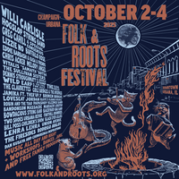 CU Folks & Roots poster featuring the festival dates (October 2-4), various animals playing instruments around a bonfire, and list of performers.