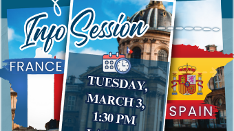 Promotional graphic advertising IFE Info Session: Tuesday, March 3, 1:30 PM in the LAS HUB. Professional Development, Customized and Immersive. Intensive language, study & internship program. Built-in excursions, site-visits, intercultural workshops. Guided field research + professional international workplace experience.