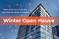Glass-front Multi-story Office Building. Snow is falling.