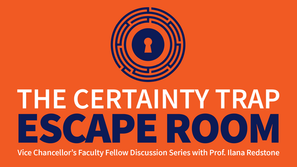 A keyhole surrounded by a maze. Publicity image for The Certainty Trap Lunch Series with Prof. Ilana Redstone.