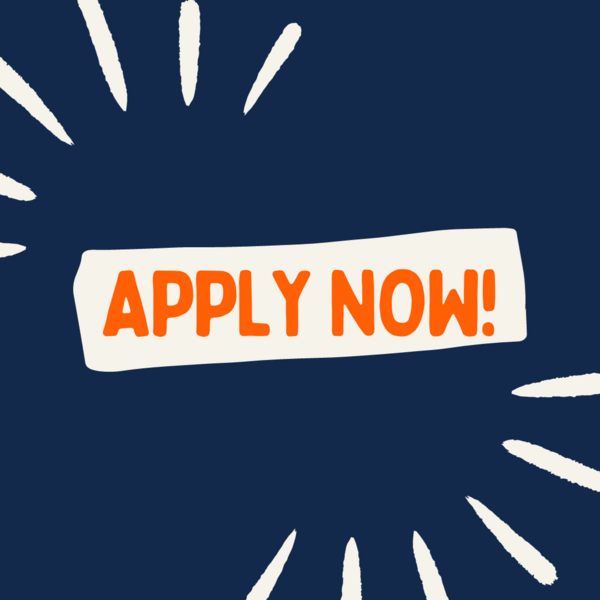 Blue background with orange text that says Apply Now!