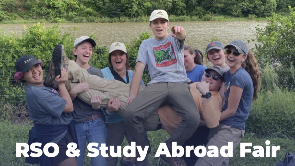 A group of students lifting another student up into the air. The student in the air is pointing and the others are smiling. The text includes the info for the ACES RSO and Study Abroad Fair