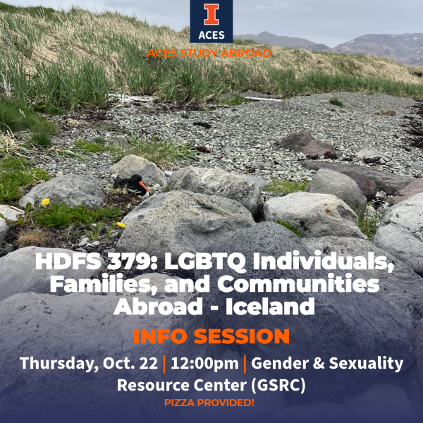 Nature of Iceland with a Puffin in the foreground. ACES Study Abroanid HDFS 379: LGBTQ Individuals, Families, and Commuties Abroad Info session Thursday Oct. 22. 12:00 pm Gender & Sexuality Resource Center (GSRC).