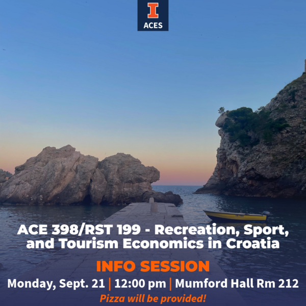 "ACE 398/RST 199 - Recreation, Sport, and Tourism Economics in Croatia. Info Session. Monday, Sept. 21 | 12:00 pm | Mumford Hall Rm 212. Pizza will be provided!" With some rocks and a boat by a dock in a body of water in Croatia.