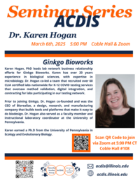 Flyer for Karen Hogan with room information and zoom link