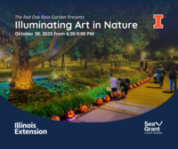 Photo of pumpkins lining the Red Oak Rain Garden at night, with text: "Illuminating Art in Nature," October 30, 2025, 4:30-9 p.m.