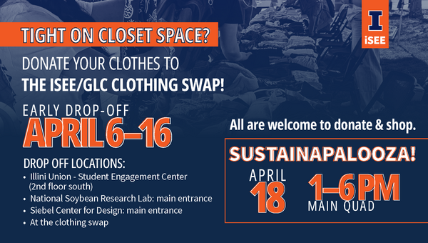 Blue graphic with times and locations to drop off donations April 6-16 for the iSEE Clothing Swap