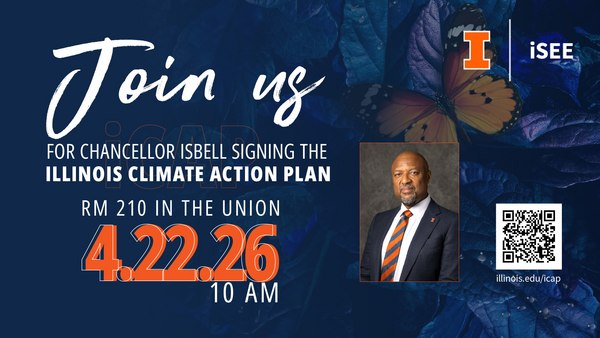 Orange and blue graphic with photo of Charles Isbell and details of event