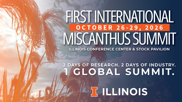 Blue and orange graphic for First International Miscanthus Summit Oct. 26-29 at the Illinois Conference Center and Stock Pavilion