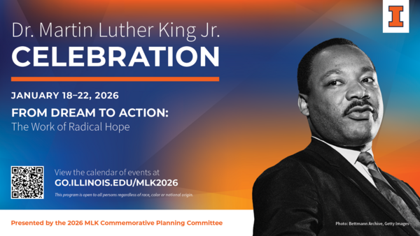 Black and White photo of Dr. Martin Luther King, Jr. with this year's theme: From Dream to Action: The Work of Radical Hope