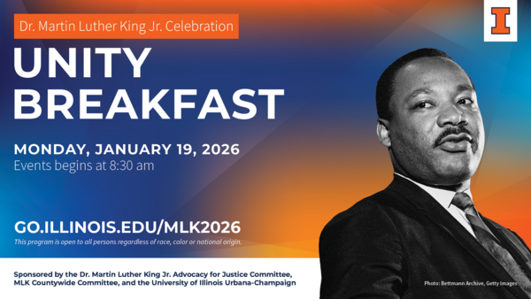Promotional image for the Unity Breakfast with a Black and White photo of Dr. Martin Luther King, Jr.