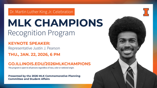 Promotional image for the MLK Champions Recognition Program with a Black and White photo of Keynote Speaker Representative Justin J. Pearson