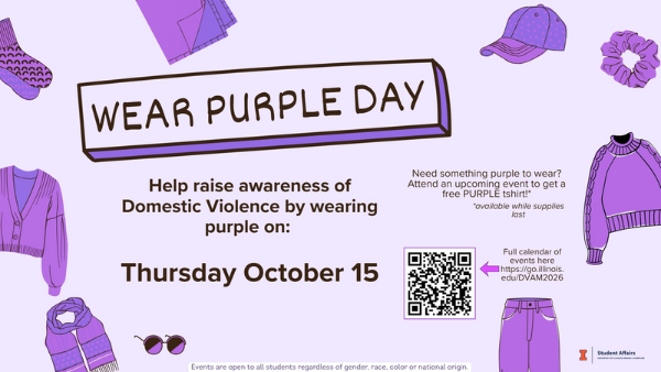 WEAR PURPLE DAY: Help raise awareness of Domestic Violence by wearing purple on: Thursday October 15. Need something purple to wear? Attend an upcoming event to get a free PURPLE tshirt!* *available while supplies last