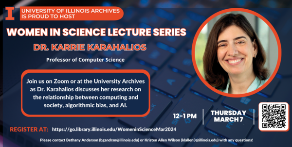 Flyer for Lecture, photo of Dr. Karahalios, all other info in text below