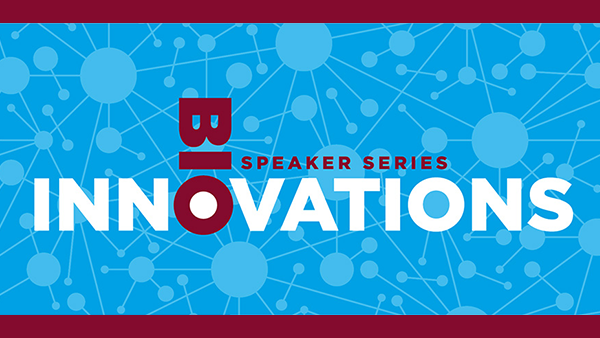 Abstract image of network nodes. Text says Bio Innovations Speaker Series.