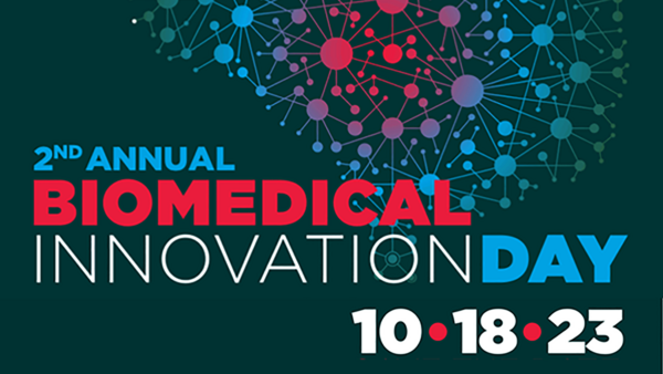 Abstract image of network nodes. Text says 10-18-23. The 2nd Annual RFU Biomedical Innovation Day. Breaking New Ground in Cancer, Immune Disorders and Infection.