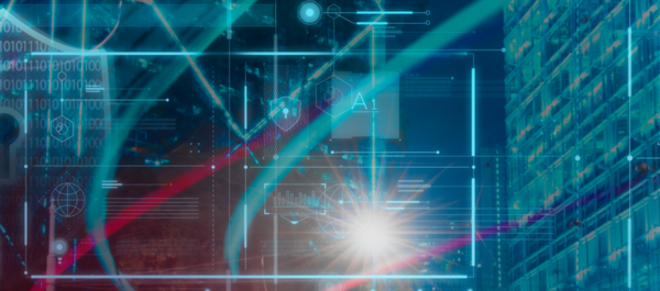 abstract cybersecurity image with locked computer screens and teal and pink abstract lines