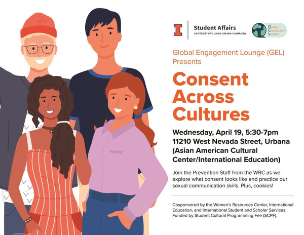 Image of four college aged persons of diverse backgrounds with event name, location, time and description