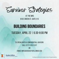 Blue mountain background with black text. Survivor Strategies: Building Boundaries at the WRC on Tuesday, April 22 from 6:30-8:00pm