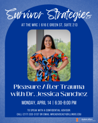 Blue background with white text featuring a woman in a floral dress with long dark hair. Survivor Strategies: Pleasure After Trauma with Dr. Jessica Sanchez at the WRC Monday, April 14 from 6:30-8:00pm