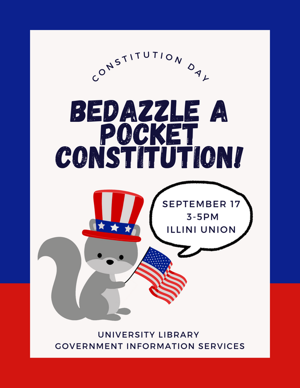 Flyer for the event with a squirrel holding an american flag with text aying Illini Union September 17th 3-5pm