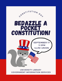 Flyer for the event with a squirrel holding an american flag with text aying Illini Union September 17th 3-5pm