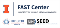 Three logos on white background. Top logo is for the FAST Center, University of Illinois Urbana Champaign. Bottom left logo is for SBIR-STTR: America's Seed Fund, Powered by SBA. Bottom right logo is for NIH SEED: Helping Innovators Turn Discovery into Health.