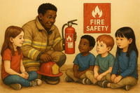 fire person holding an extinguisher talking with four kids