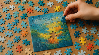 person putting together a jigsaw puzzle
