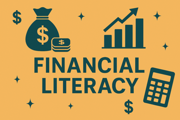 money bag, calculator and graph with arrow going up