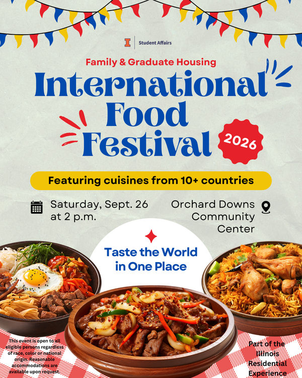 three dishes of food and colorful banners