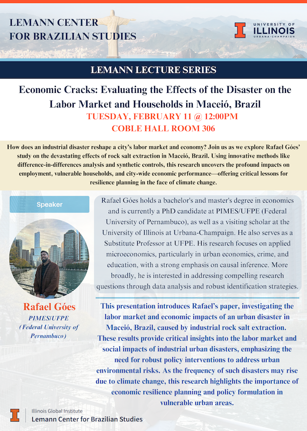 Rafael Góes holds a bachelor's and master's degree in economics and is currently a PhD candidate at PIMES/UFPE (Federal University of Pernambuco), as well as a visiting scholar at the University of Illinois at Urbana-Champaign. He also serves as a Substitute Professor at UFPE. His research focuses on applied microeconomics, particularly in urban economics, crime, and education, with a strong emphasis on causal inference. More broadly, he is interested in addressing compelling research questions through data analysis and robust identification strategies.  This paper investigates the labor market and economic impacts of an urban disaster in Maceió, Brazil, caused by industrial rock salt extraction. Using a difference-in-differences approach, we first assess the micro-local short-term impacts on employment in affected areas, leveraging annual employer-level data from 2015 to 2021 to estimate labor market disruptions. Next, we analyze household-level data from vulnerable populations to examine the disaster’s effects on both economic and social outcomes. Finally, to understand the broader economic consequences for the municipality, we use data from the Continuous National Household Sample Survey and apply synthetic control methods to construct a counterfactual scenario, allowing us to evaluate Maceió’s economic performance in the absence of the disaster. Our findings reveal a statistically significant 6% decrease in employment and a 9% increase in business closures in affected areas due to the disaster. Additionally, the disaster significantly impacted vulnerable households, with a reduction in child labor and an increase in access to medication for chronic diseases. At the city-wide level, we document a 20% decline in earnings from work among affected individuals and an overall reduction in employment rates by approximately 12.5%. These results provide critical insights into the labor market and social impacts of industrial urban disasters, emphasizing the need for robust policy interventions to address urban environmental risks. As the frequency of such disasters may rise due to climate change, this research highlights the importance of economic resilience planning and policy formulation in vulnerable urban areas.