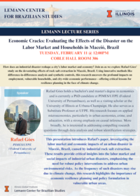 Rafael Góes holds a bachelor's and master's degree in economics and is currently a PhD candidate at PIMES/UFPE (Federal University of Pernambuco), as well as a visiting scholar at the University of Illinois at Urbana-Champaign. He also serves as a Substitute Professor at UFPE. His research focuses on applied microeconomics, particularly in urban economics, crime, and education, with a strong emphasis on causal inference. More broadly, he is interested in addressing compelling research questions through data analysis and robust identification strategies.  This paper investigates the labor market and economic impacts of an urban disaster in Maceió, Brazil, caused by industrial rock salt extraction. Using a difference-in-differences approach, we first assess the micro-local short-term impacts on employment in affected areas, leveraging annual employer-level data from 2015 to 2021 to estimate labor market disruptions. Next, we analyze household-level data from vulnerable populations to examine the disaster’s effects on both economic and social outcomes. Finally, to understand the broader economic consequences for the municipality, we use data from the Continuous National Household Sample Survey and apply synthetic control methods to construct a counterfactual scenario, allowing us to evaluate Maceió’s economic performance in the absence of the disaster. Our findings reveal a statistically significant 6% decrease in employment and a 9% increase in business closures in affected areas due to the disaster. Additionally, the disaster significantly impacted vulnerable households, with a reduction in child labor and an increase in access to medication for chronic diseases. At the city-wide level, we document a 20% decline in earnings from work among affected individuals and an overall reduction in employment rates by approximately 12.5%. These results provide critical insights into the labor market and social impacts of industrial urban disasters, emphasizing the need for robust policy interventions to address urban environmental risks. As the frequency of such disasters may rise due to climate change, this research highlights the importance of economic resilience planning and policy formulation in vulnerable urban areas.