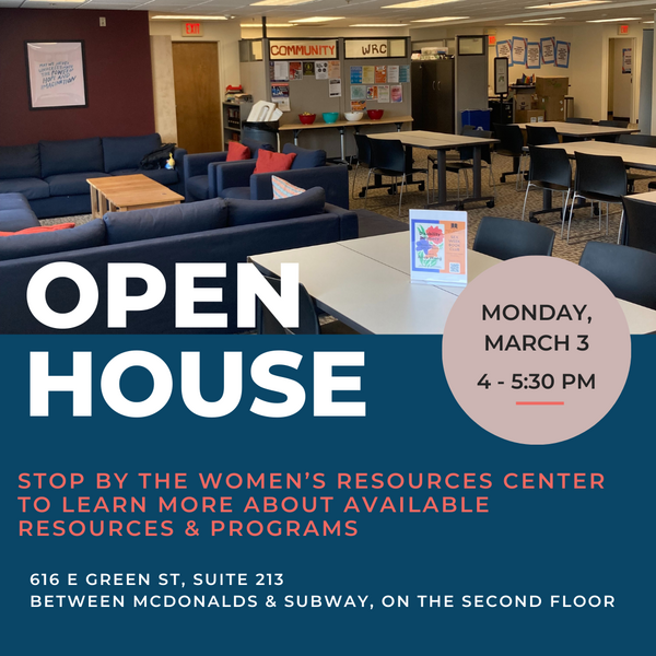 an image of the lobby of the Women's Resources Center including various tables and chairs and couches