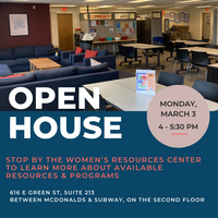 an image of the lobby of the Women's Resources Center including various tables and chairs and couches