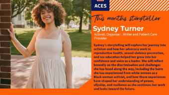 Flyer for “Soup & Stories: Breaking Bread Across Cultures” featuring guest storyteller Sydney Turner. The flyer shows a smiling woman with curly hair standing outdoors on a campus. Text highlights Sydney Turner as an activist, organizer, writer, and patient care provider, with a description of her storytelling on activism, reproductive health, and resilience. Event details include Friday, March 13, 2026, from 12:00–1:00 pm at Bevier Hall 249 (Bevier Commons), with a QR code to register.