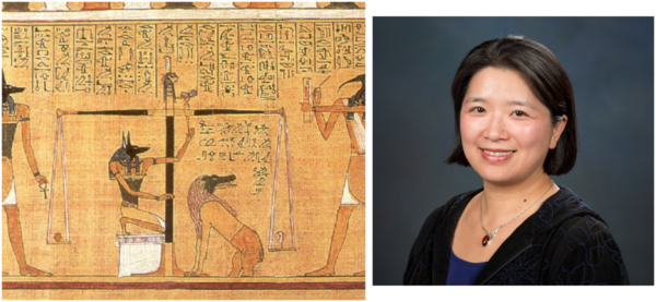 On the left is a picture of the of the Egyptian story of weighing the heart against the feather of truth. On the right is a headshot of Professor Chen-Yu Liu.