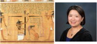 On the left is a picture of the of the Egyptian story of weighing the heart against the feather of truth. On the right is a headshot of Professor Chen-Yu Liu.