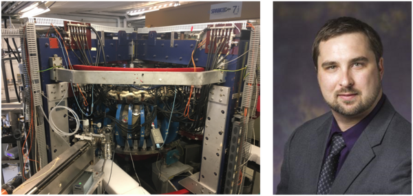 On the left is a picture of the HIDRA, Hybrid Illinois Device for Research and Applications, a toroidal magnetic fusion device. On the right is a headshot of Professor Daniel Andruczyk.