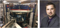 On the left is a picture of the HIDRA, Hybrid Illinois Device for Research and Applications, a toroidal magnetic fusion device. On the right is a headshot of Professor Daniel Andruczyk.