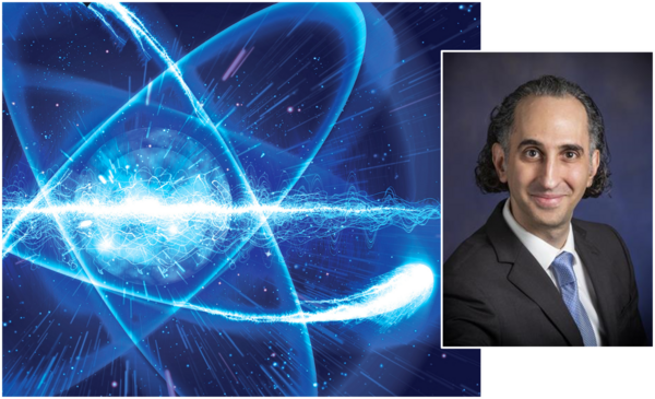 On the left is an artistic interpretation of an atom. On the right is a headshot of Professor Brian DeMarco.