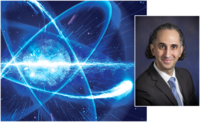 On the left is an artistic interpretation of an atom. On the right is a headshot of Professor Brian DeMarco.