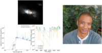 On the left is a series of three images: the first is a galaxy, the second is a graph plotting spectral luminosity against wavelength, and the third is plotting time against intrinsic line power. On the right is a headshot of Professor Kirk Barrow.