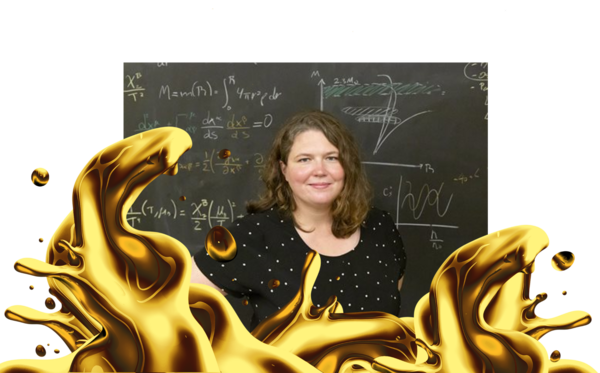 Professor Jaki Noronha-Hostler standing in front of a chalkboard and in front of her is a computer generated gold splash of liquid.