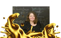 Professor Jaki Noronha-Hostler standing in front of a chalkboard and in front of her is a computer generated gold splash of liquid.