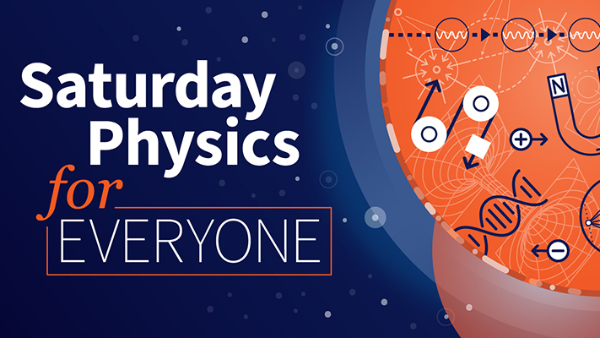 Text: Saturday Physics for Everyone. Blue background with physics symbols