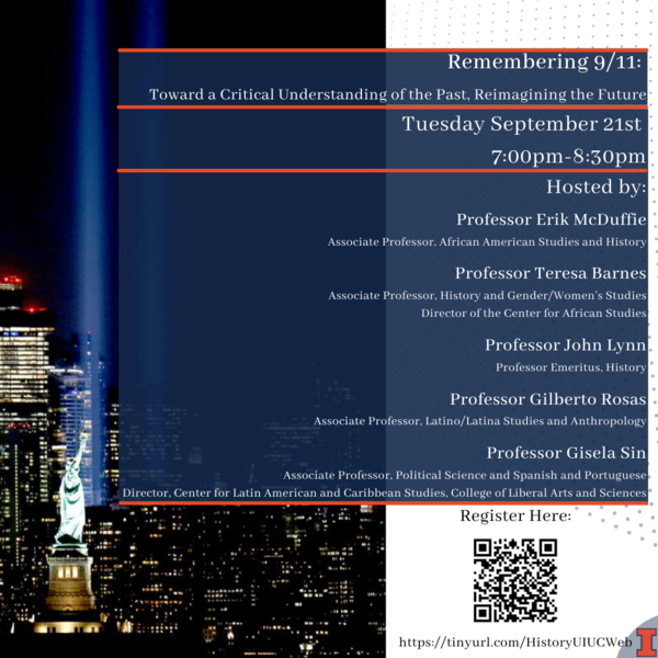 The image includes the same information as the body text which reads: Panel will be held September 21 starting at 7PM on Zoom. The graphic in the center of the image is the September 11 memorial, illuminated. Features names of panelists on the side.