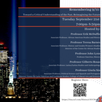 The image includes the same information as the body text which reads: Panel will be held September 21 starting at 7PM on Zoom. The graphic in the center of the image is the September 11 memorial, illuminated. Features names of panelists on the side.